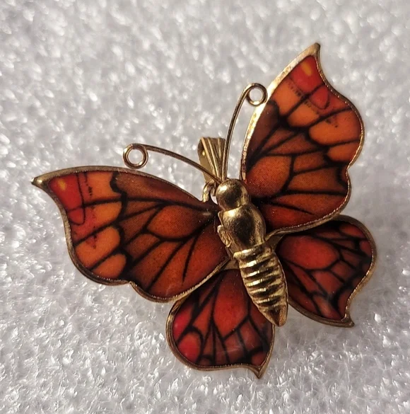 Vintage gold tone enamel orange black butterfly brooch pin / necklace pe… - Picture 1 of 17